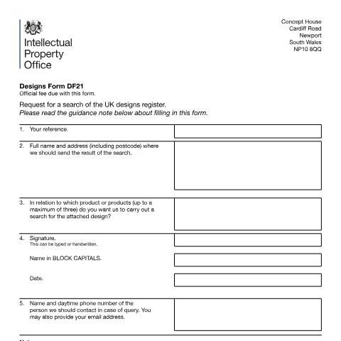Document preview: Request for a search of the UK designs register — Intellectual Property Office, United Kingdom