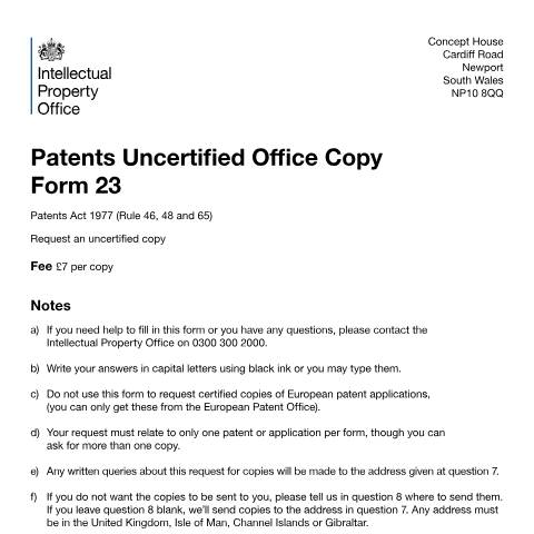 Document preview: Request for an uncertified copy of a patent — Intellectual Property Office, United Kingdom