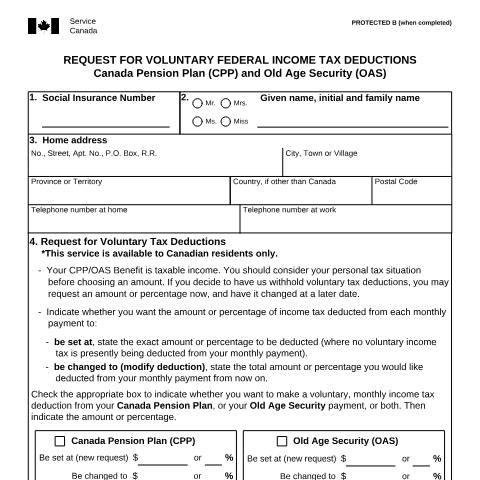 Document preview: Request for Voluntary Federal Income Tax Deductions - CPP/OAS — Income Security Programs, Canada (CERFA n°ISP3520CPP)