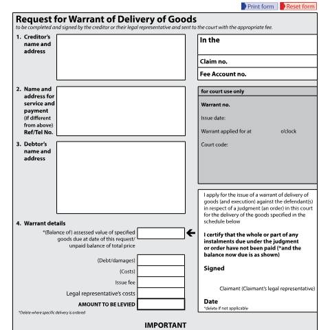 Document preview: Request a warrant for delivery of goods: Form N324 — HM Courts & Tribunals Service, United Kingdom