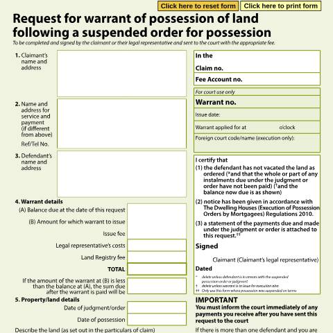 Document preview: Request a warrant for possession of land after a suspended possession order: Form N325A — HM Courts & Tribunals Service, United Kingdom