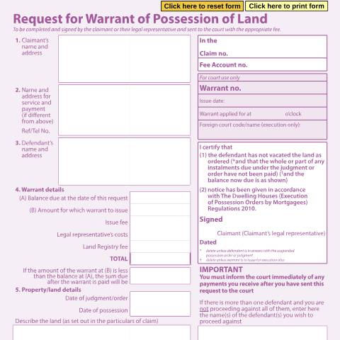 Document preview: Form N325: Request a warrant for possession of land — HM Courts & Tribunals Service, United Kingdom