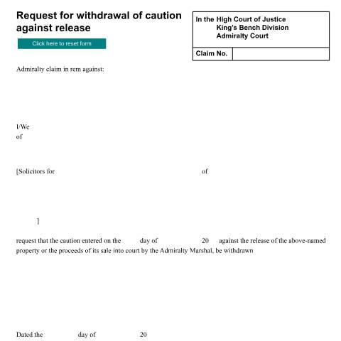 Document preview: Request for withdrawal of caution against release: Form ADM12A — HM Courts & Tribunals Service, United Kingdom