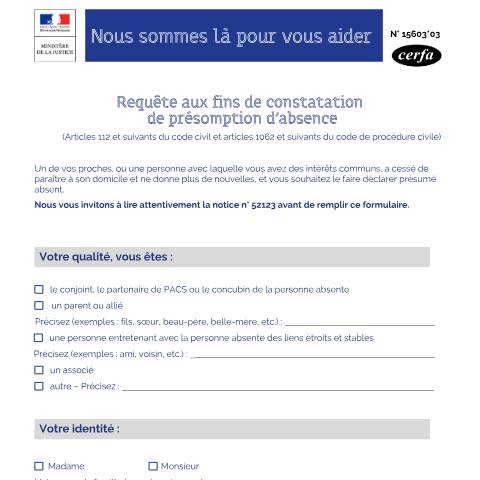 Aperçu du document Requête aux fins de constatation de présomption d'absence — Particuliers, France (CERFA n°15603*03)