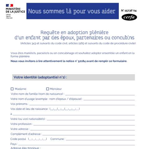 Aperçu du document Requête en adoption plénière d'un enfant par des époux — Particuliers, France (CERFA n°15736*04)