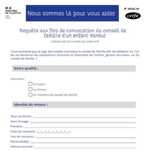 Aperçu du document Requête au fins de convocation du conseil de famille d'un mineur — Particuliers, France (CERFA n°16231*01)