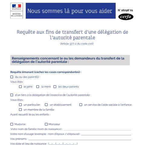 Aperçu du document Requête aux fins de transfert d'une délégation de l'autorité parentale — Particuliers, France (CERFA n°16096*01)