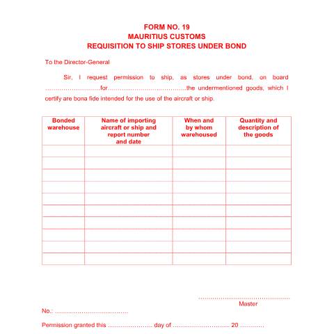 Document preview: Requisition to Ship Stores Under Bond — Document, Mauritius (CERFA n°Form19Requisition)
