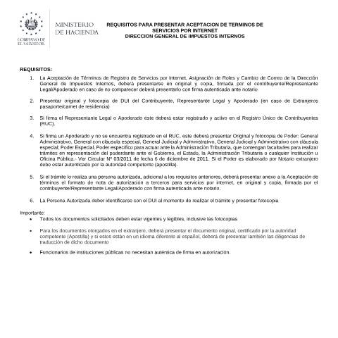 Vista previa del documento Requisitos de Aceptación de Términos de Servicios por Internet — Documento oficial, El Salvador (CERFA n°PMHDC8211)