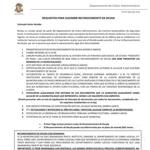 Vista previa del documento Requisitos Municipalidades para reconicimiento de deuda 2017 IGSS Rev 2024 — IGSS - Formularios, Guatemala