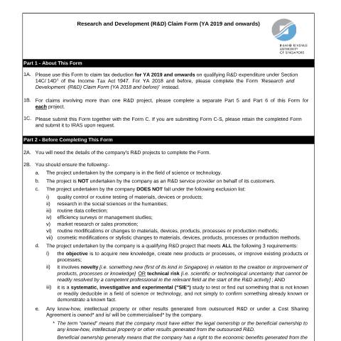 Document preview: Research and Development (R&D) Claim Form (YA 2019 and onwards) — IRAS / Companies, Singapore (CERFA n°RND-CLAIM-FORM-(YA-2019-N-AFTER))