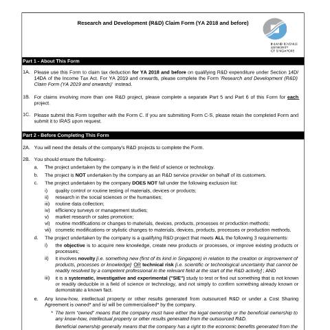 Document preview: Research and Development (R&D) Claim Form (YA 2018 and before) — IRAS / Companies, Singapore (CERFA n°RND-CLAIM-FORM-(YA-2018-N-BEFORE))
