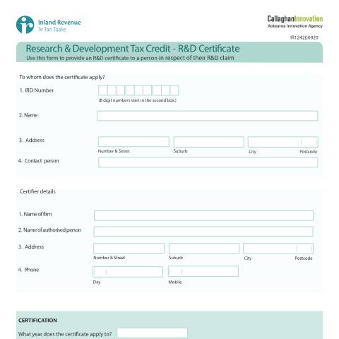 Document preview: Research and Development Tax Credit RD Certificate 2020 — Research and development, New Zealand (CERFA n°IR1242)