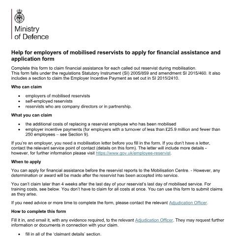 Document preview: Reservist mobilisation: employers financial assistance claim form — Ministry of Defence, United Kingdom