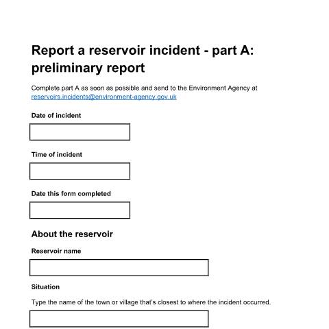 Document preview: Report a reservoir incident — Environment Agency, United Kingdom