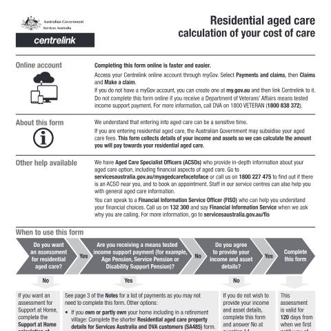 Document preview: Residential aged care calculation of your cost of care — Services Australia — Individuals (by code), Australia (CERFA n°SA457)