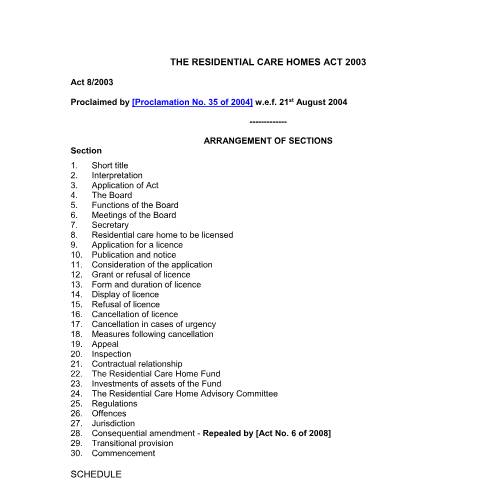 Document preview: THE RESIDENTIAL CARE HOMES ACT 2003 — Act / Law, Mauritius (CERFA n°THE-RESIDENTIAL-CARE-HOMES-ACT-2003)
