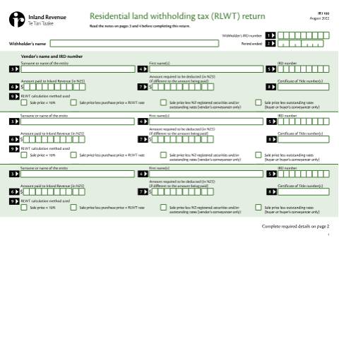 Document preview: Residential land withholding tax (RLWT) return — Property, New Zealand (CERFA n°IR1100)