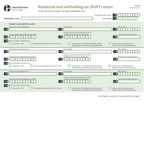 Document preview: Residential land withholding tax (RWLT) return — Property, New Zealand (CERFA n°IR1100)