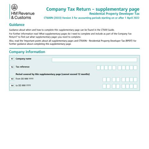 Document preview: Corporation Tax: Residential Property Developer Tax (CT600N) — HM Revenue & Customs, United Kingdom