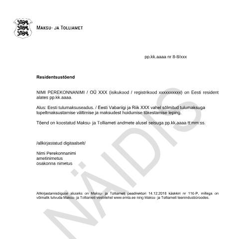 Document preview: Residentsustõendi näidis (ametniku poolt koostatud) — e-teenused-maksutarkus, Eesti (CERFA n°TM3)