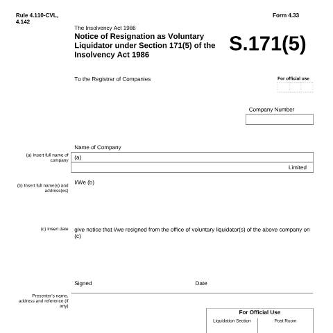 Document preview: Give notice of resignation as voluntary liquidator (4.33) — Companies House, United Kingdom