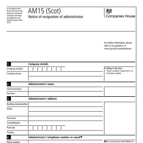 Document preview: Resignation of administrator for a Scottish company: AM15 (Scot) — Companies House, United Kingdom