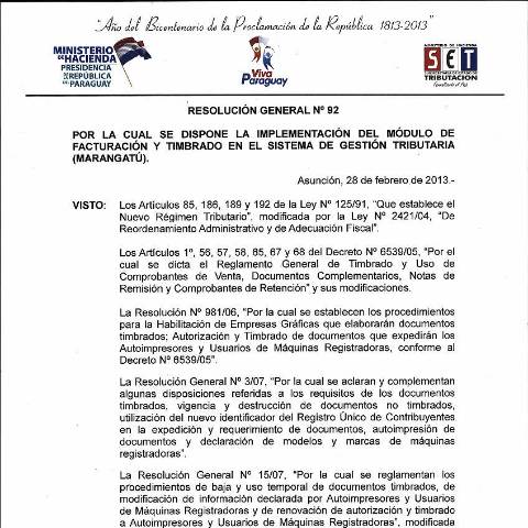 Vista previa del documento Resolución General Nro. 092 13 — Imprentas, Paraguay