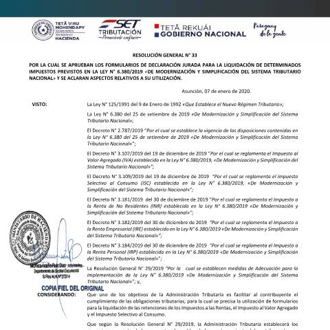 Vista previa del documento RESOLUCION GENERAL N° 33 2020 — Iva, Paraguay