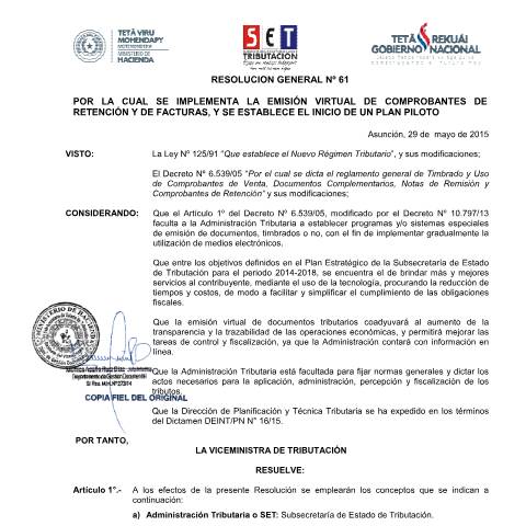Vista previa del documento Resolución General Nº 61 15 — Facturacion Y Timbrado, Paraguay