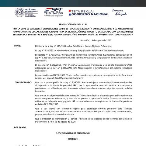 Vista previa del documento RESOLUCION GENERAL N° 61 IRE Formularios — Ire, Paraguay