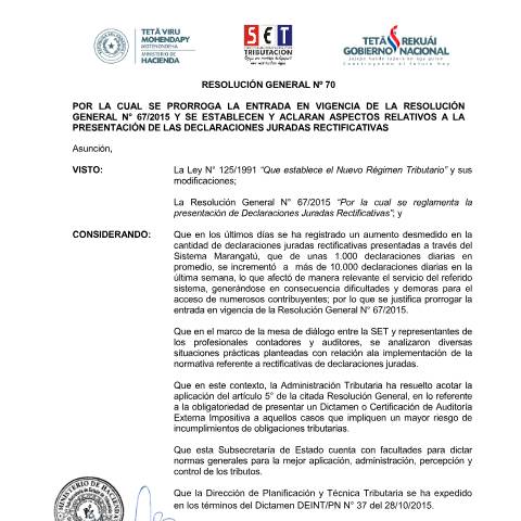 Vista previa del documento Resolución General Nº 70 15 — Declaraciones Juradas1, Paraguay