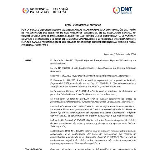 Vista previa del documento Res. General DNIT N° 07 2024 — Iva, Paraguay