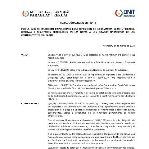 Vista previa del documento Resolucion General DNIT 49 IDU 26000047612E firmado — Ire / IDU, Paraguay