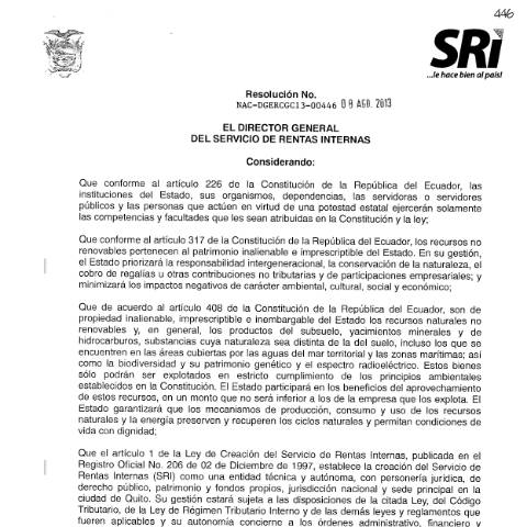 Vista previa del documento Resolución NAC-DGERCGC13-00446, Suplemento del R.O. 62 de 20-08-2013 — Impuesto al Valor Agregado (IVA), Ecuador (CERFA n°NAC-DGERCGC13-00446,+Suplemento+del+R.O.+62+de+20-08-2013)