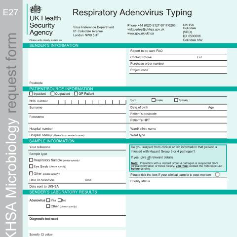 Document preview: Respiratory adenovirus typing request form — UK Health Security Agency, United Kingdom
