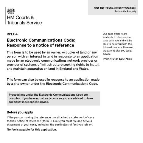 Document preview: Respond to a notice of reference – Electronic Communications Code: Form RPEC4 — HM Courts & Tribunals Service, United Kingdom