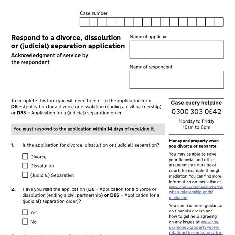 Document preview: Respond to a divorce, dissolution or judicial separation application: Form D10 — HM Courts & Tribunals Service, United Kingdom