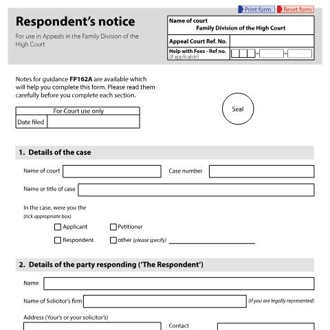 Document preview: Respondent's notice for appeals to the Family Division of the High Court: Form FP162 — HM Courts & Tribunals Service, United Kingdom