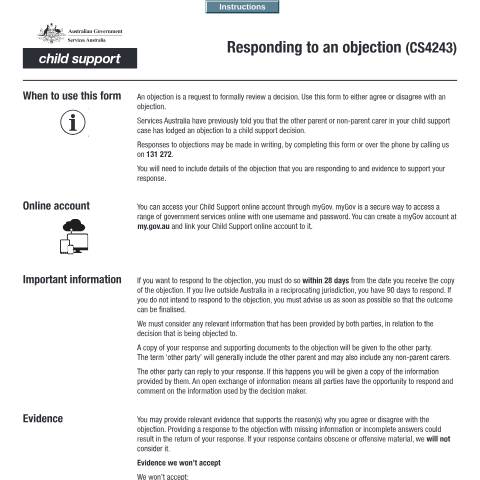 Document preview: Responding to an Objection — Services Australia — Individuals (by code), Australia (CERFA n°CS4243)
