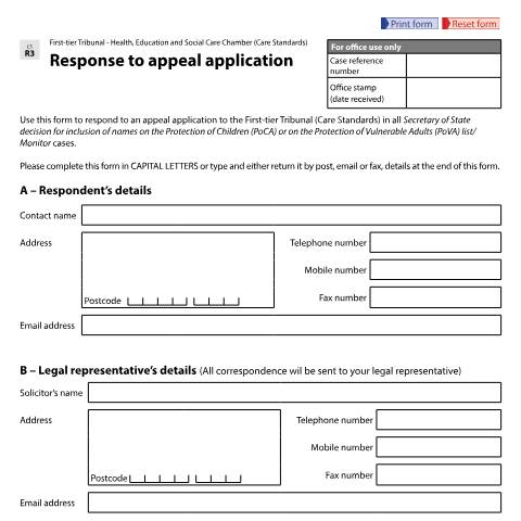 Document preview: Form CS R3: Response to Appeal Application - Secretary of State for All Inclusion on the Protection of Children (PoCA) or on the Protection of Vulnerable Adults (PoVA) List and Monitor — HM Courts & Tribunals Service, United Kingdom