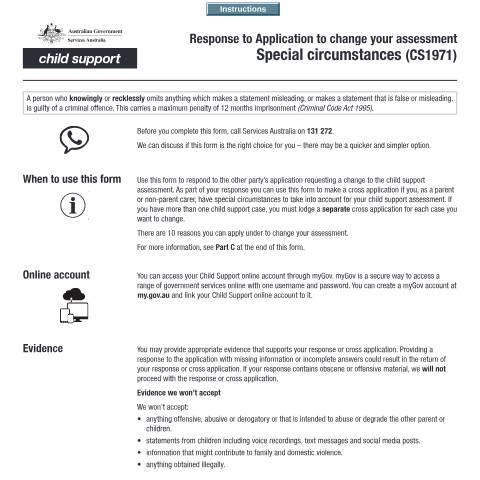 Document preview: Response to application to change your assessment - Special circumstances — Services Australia — Individuals (by code), Australia (CERFA n°CS1971)