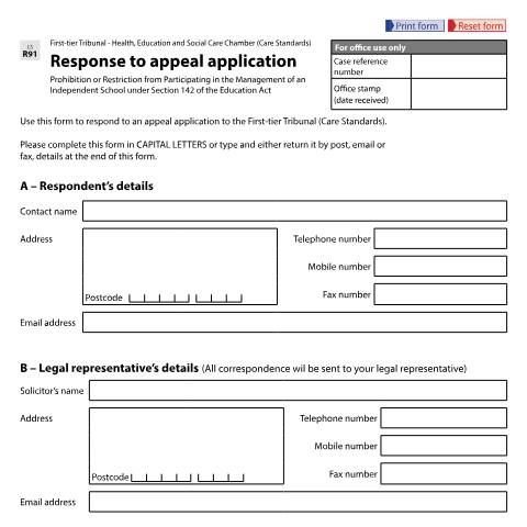 Document preview: Response to appeal application for prohibition or restriction from participating in the management of an independent school: Form CS R91 — HM Courts & Tribunals Service, United Kingdom