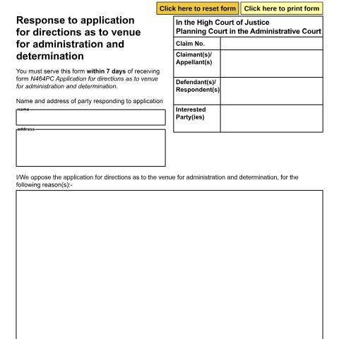 Document preview: Response to Application as to Venue for Administration and Determination: Form N465PC (Planning Court) — HM Courts & Tribunals Service, United Kingdom