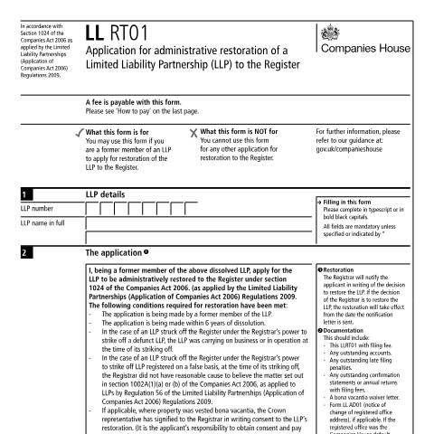 Document preview: Apply for restoration of a limited liability partnership (LL RT01) — Companies House, United Kingdom