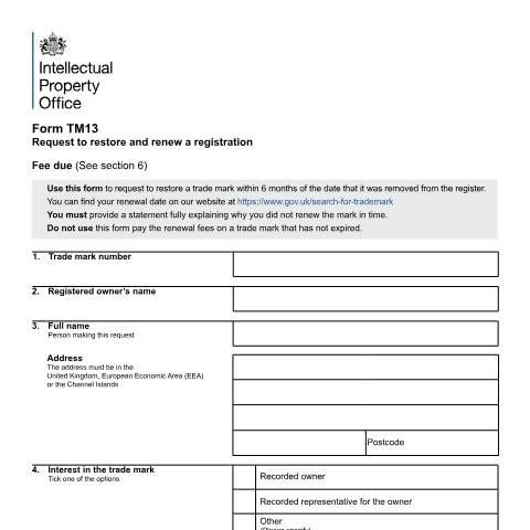 Document preview: Request to restore and renew a registration — Intellectual Property Office, United Kingdom