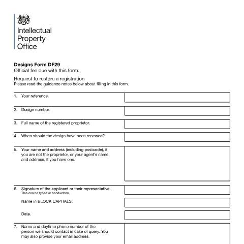 Document preview: Request to restore a registration — Intellectual Property Office, United Kingdom