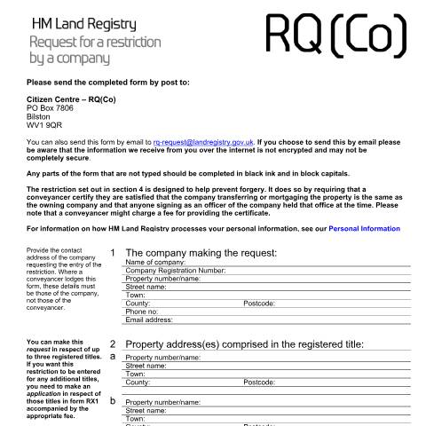 Document preview: Restriction by company request: registration (RQ(Co)) — HM Land Registry, United Kingdom