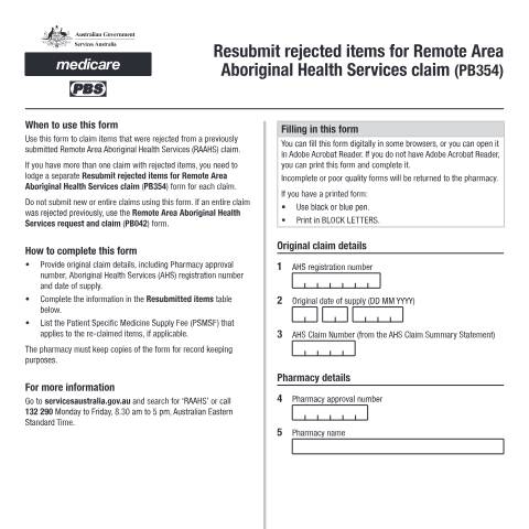 Document preview: Resubmit rejected items for Remote Area Aboriginal Health Services claim form (PB354) — Services Australia — Health professionals, Australia (CERFA n°PB354)