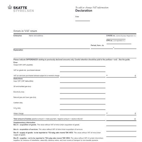 Document preview: Declaration - Errors in VAT return - 31.009 EN — 31 VAT, Danmark (CERFA n°31.009)